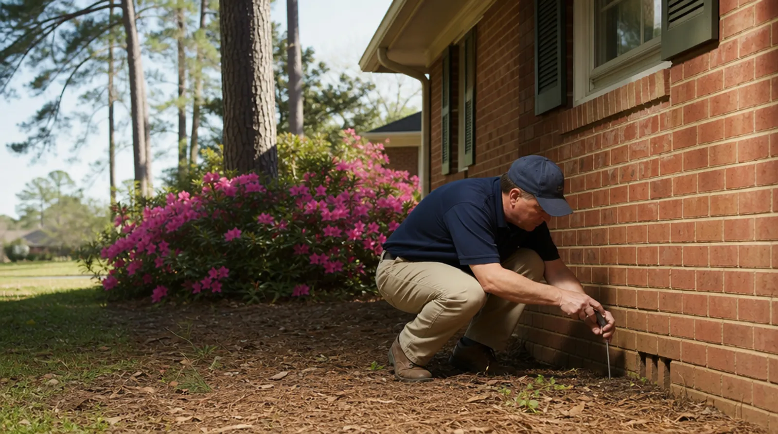 A termite inspector probes the soil along the foundation of an Alabama brick ranch