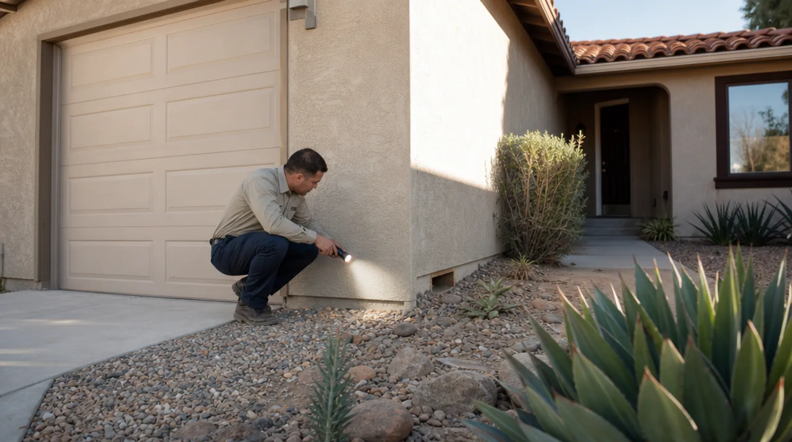 An inspector examines the stucco foundation line of a California ranch house