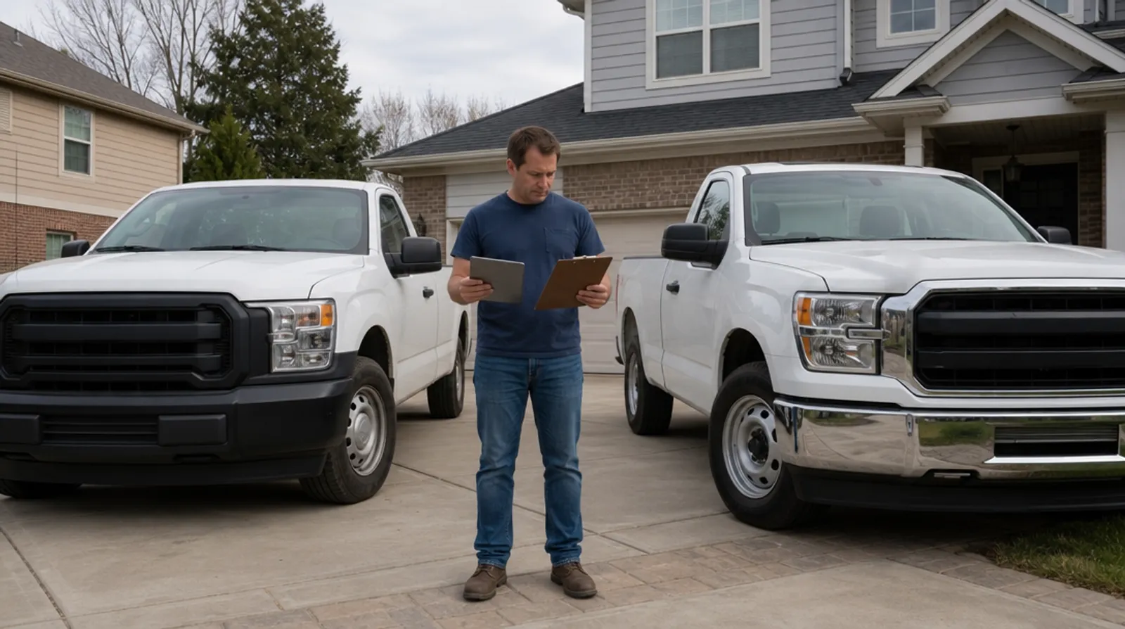 A homeowner compares two pest control quotes between two work pickups in a driveway