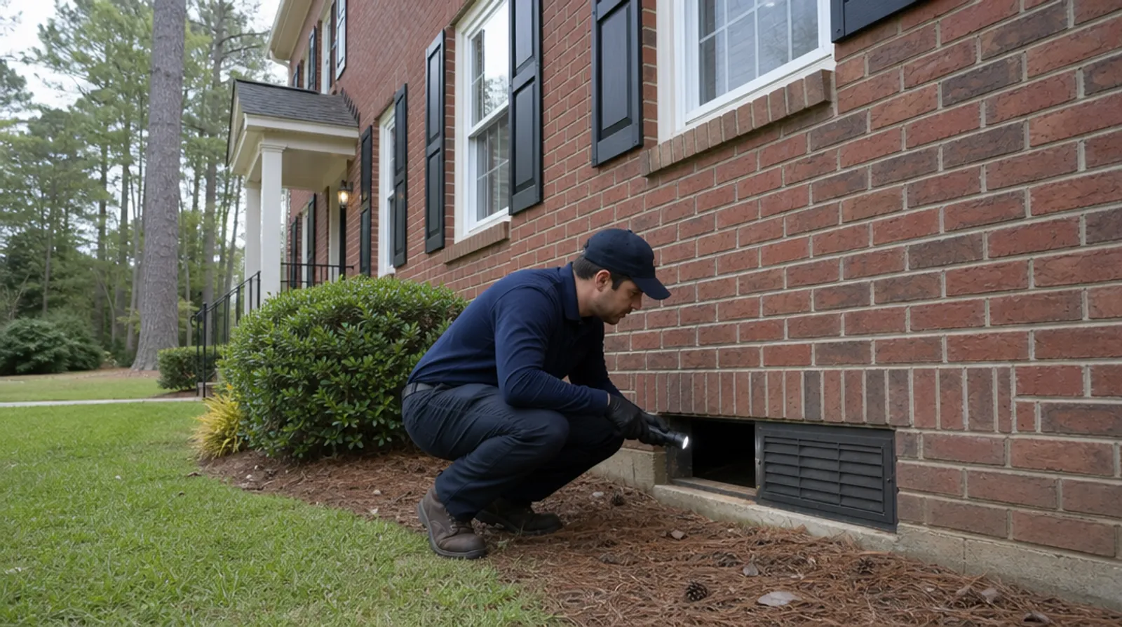 A pest control technician inspects the crawl space vent of a Georgia brick colonial