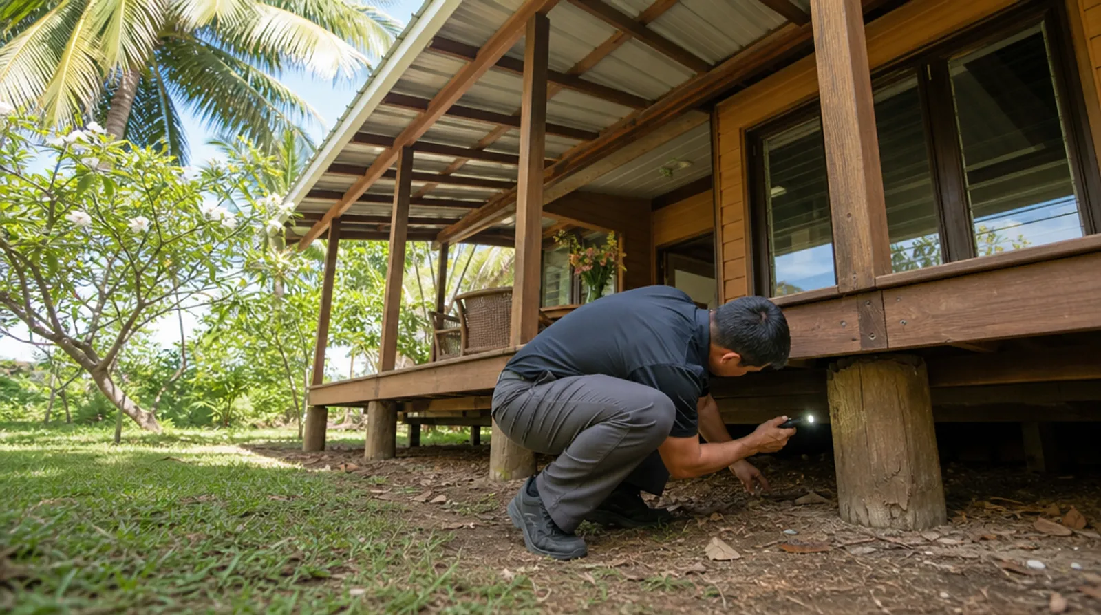 A technician inspects the post foundation of a Hawaiian plantation-style home