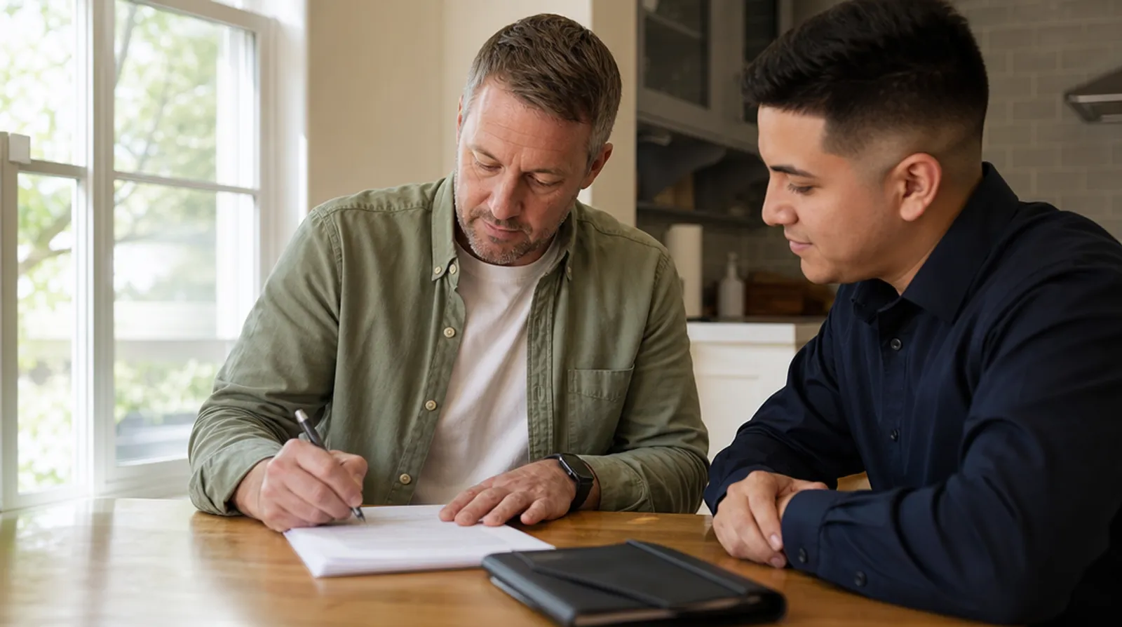 A homeowner signs a termite service agreement at a kitchen table