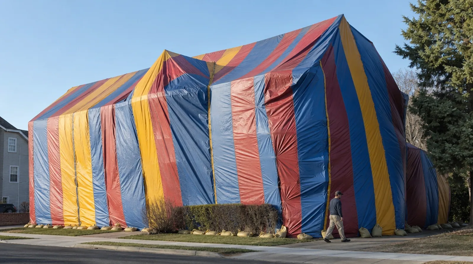 A coastal home sealed under a fumigation tent for drywood termite treatment