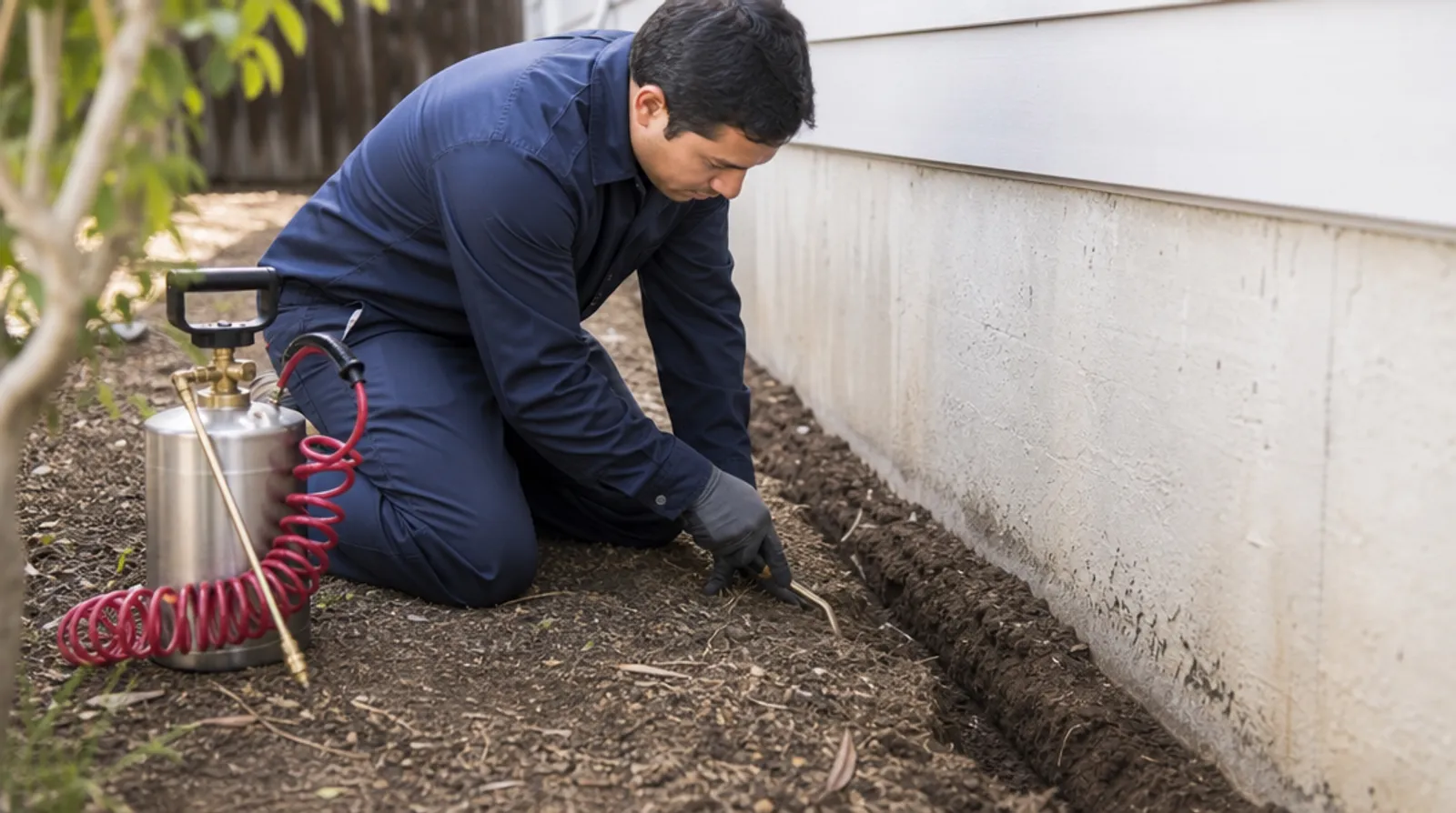 A technician digs a treatment trench in the soil along a home's foundation