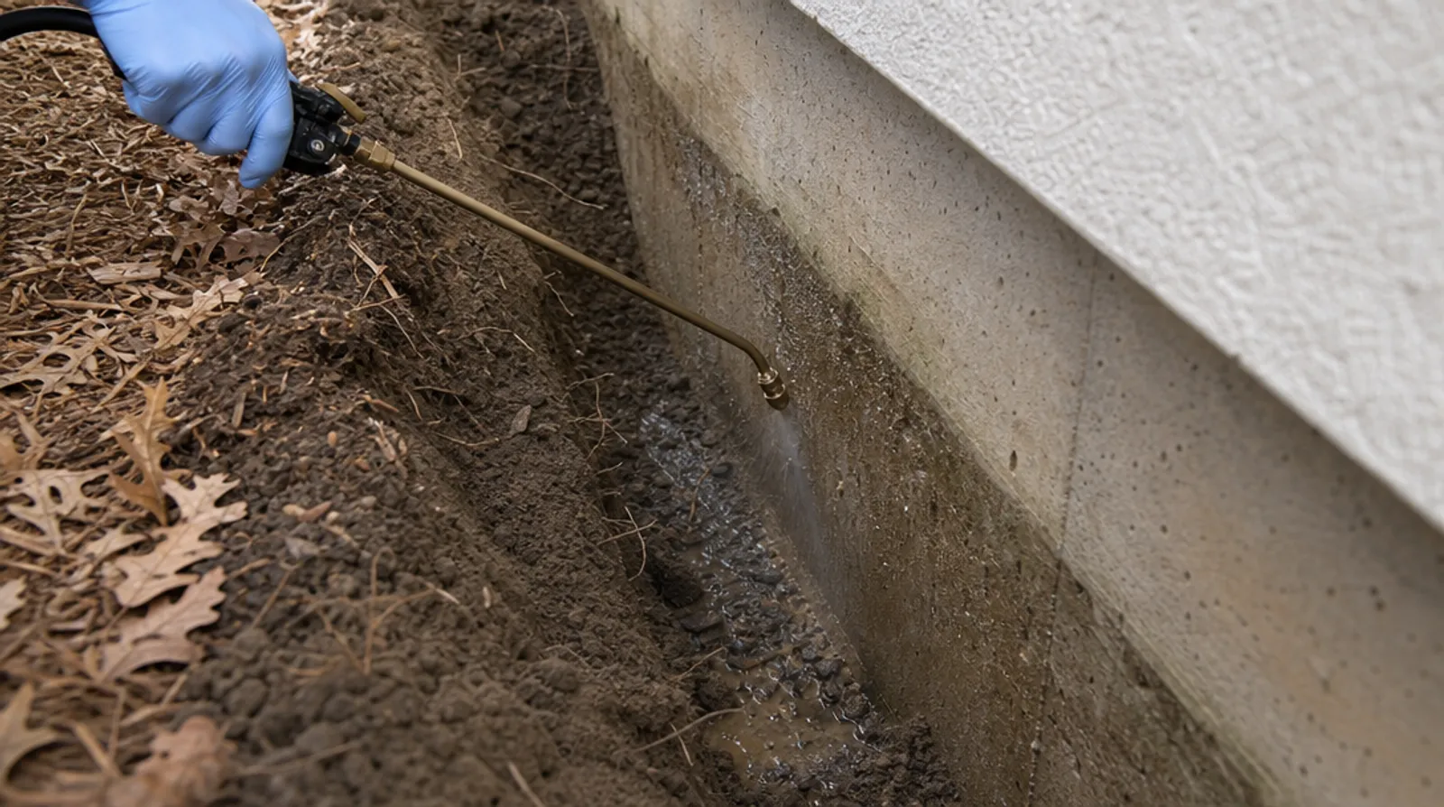 A sprayer wand applies liquid termiticide into a trench along a foundation