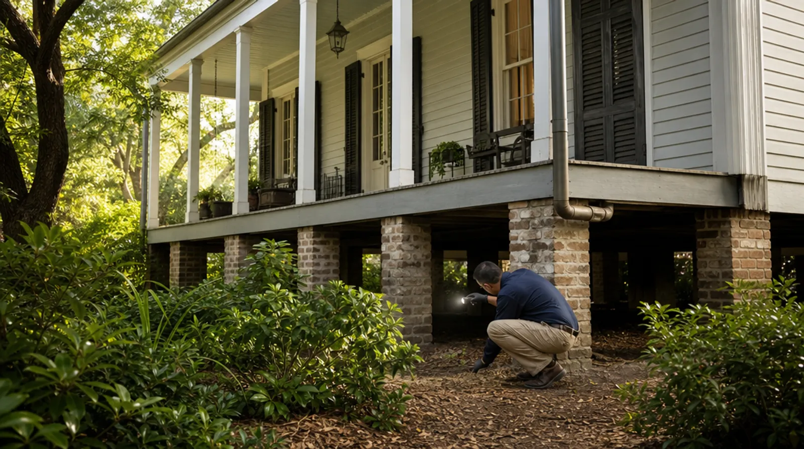 A technician examines the piers beneath a raised Louisiana cottage