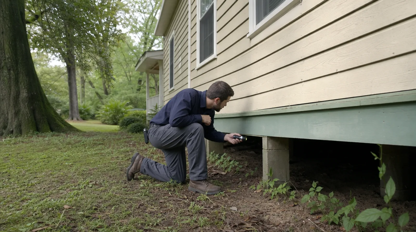 A pest control technician checks the skirting of a Mississippi wood-sided home