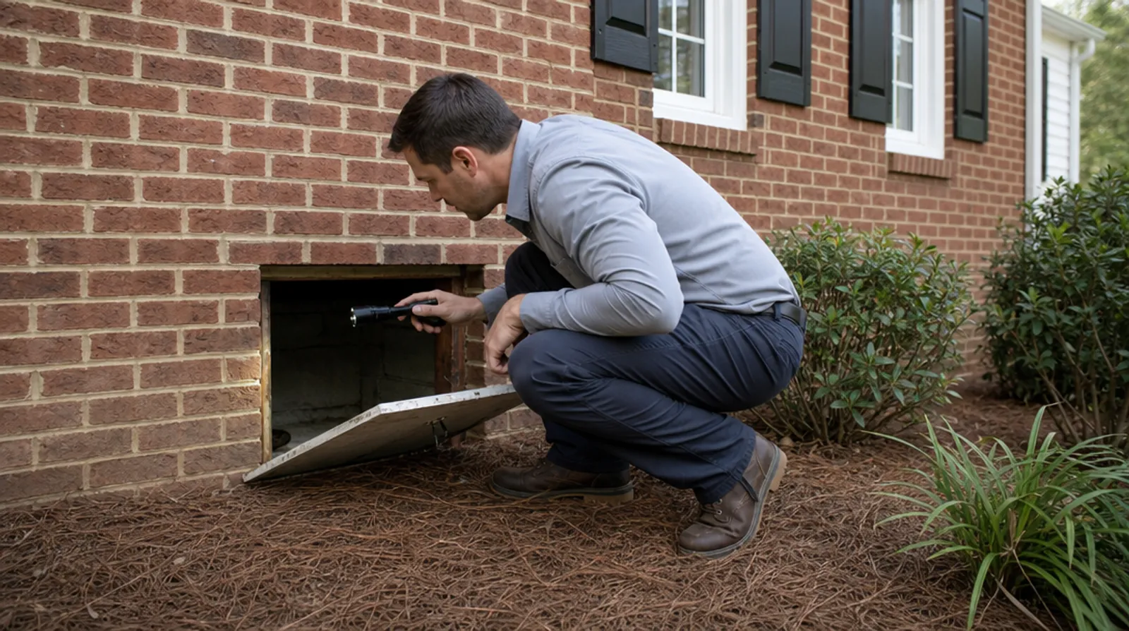 An inspector crouches at the crawl space door of a North Carolina brick home