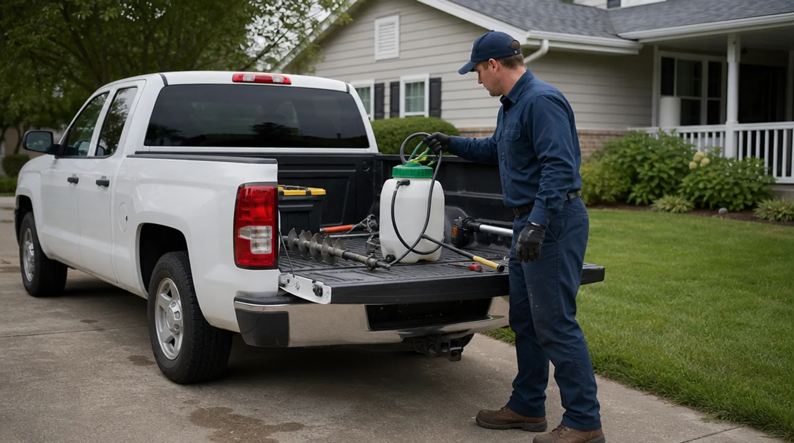A pest control technician unloads treatment equipment from a pickup truck in a driveway