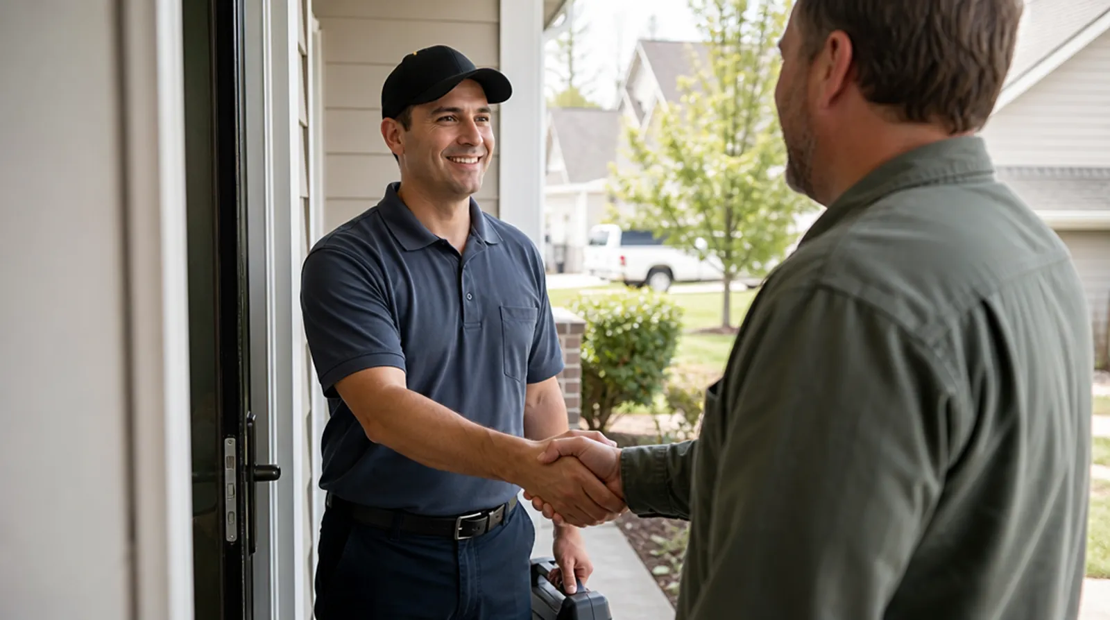 A pest control technician greets a homeowner at the front door