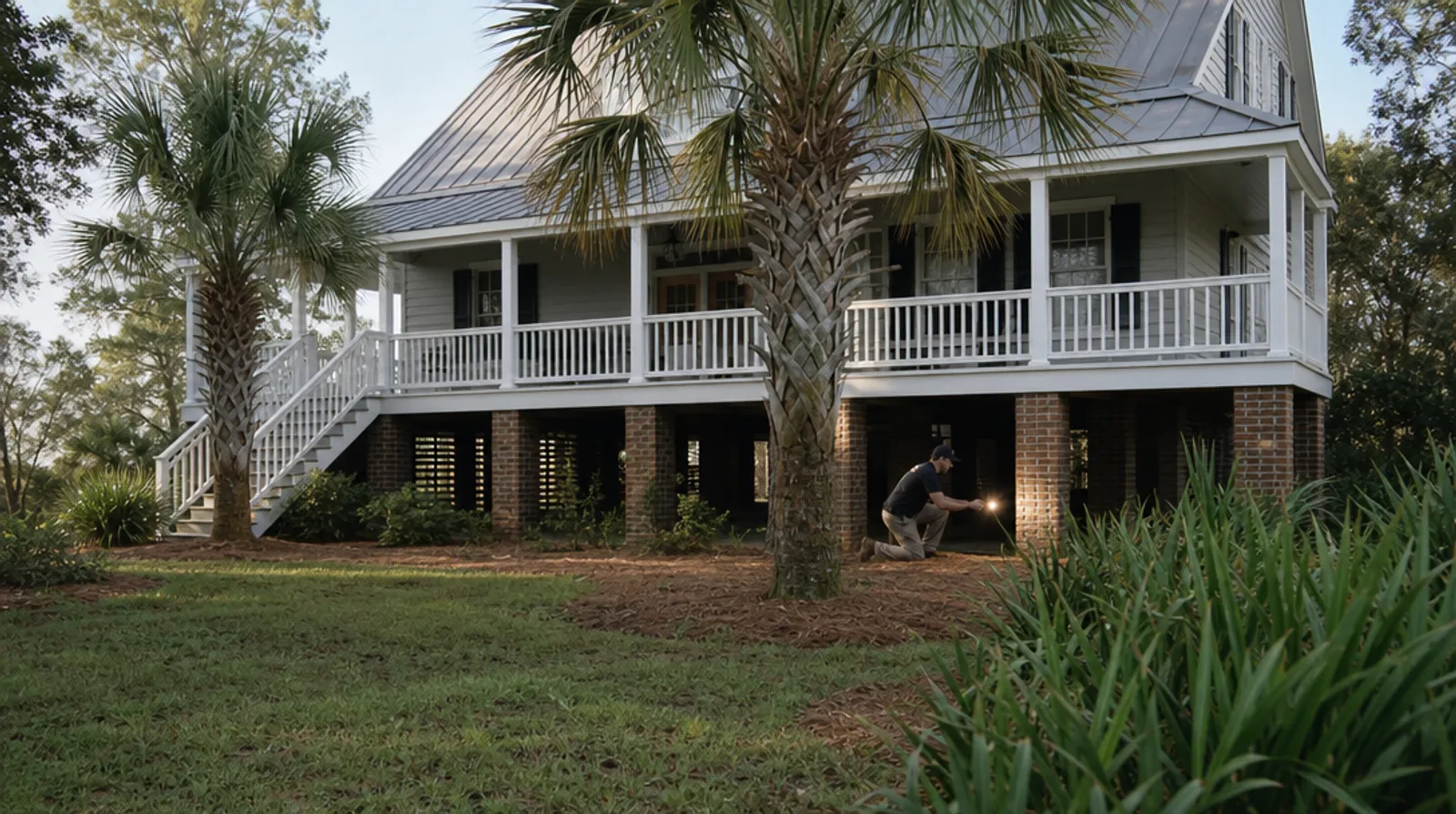 A technician inspects the brick piers under a raised Lowcountry home in South Carolina