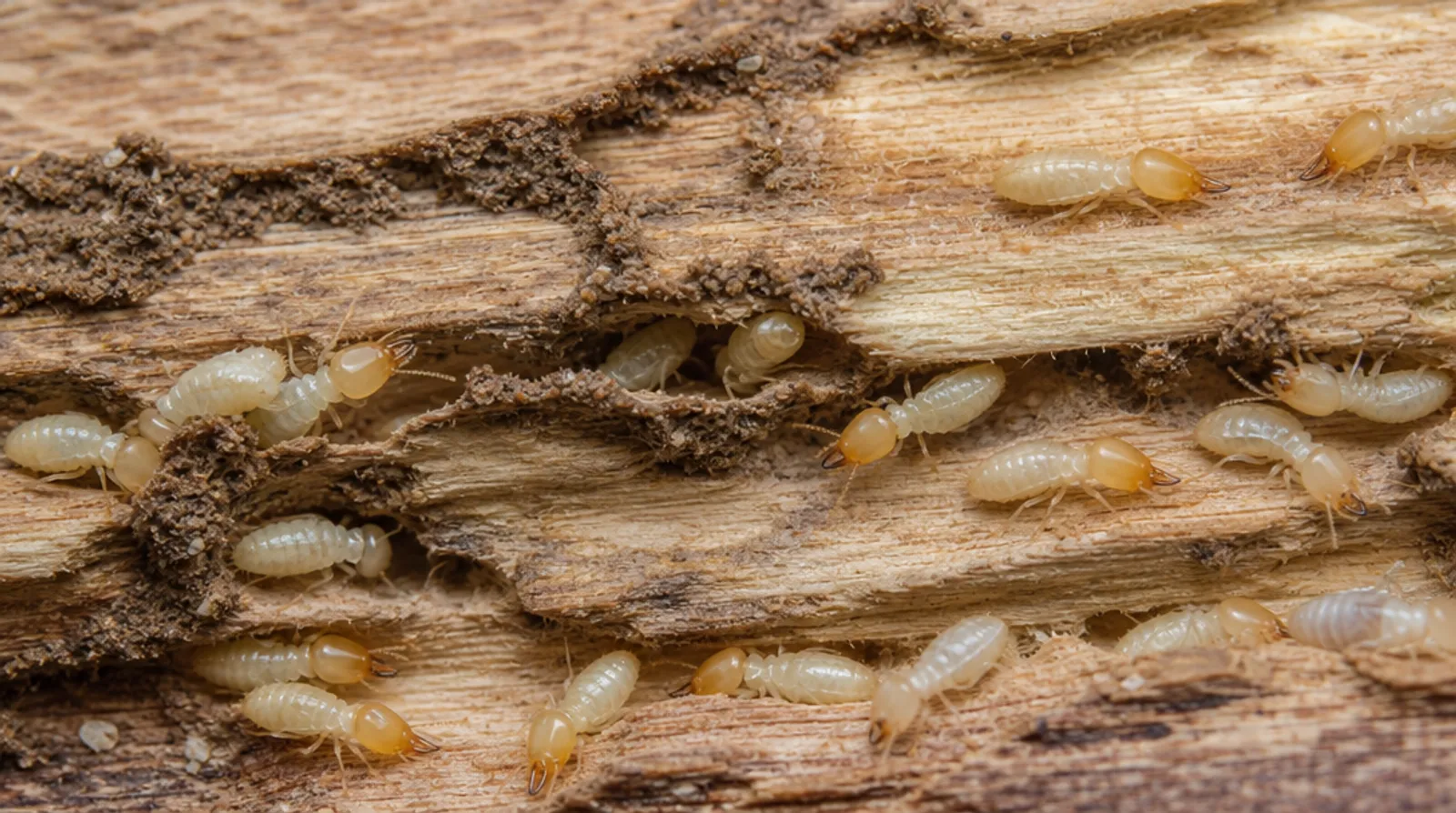 A close-up of pale subterranean termite workers crawling over damaged pine wood