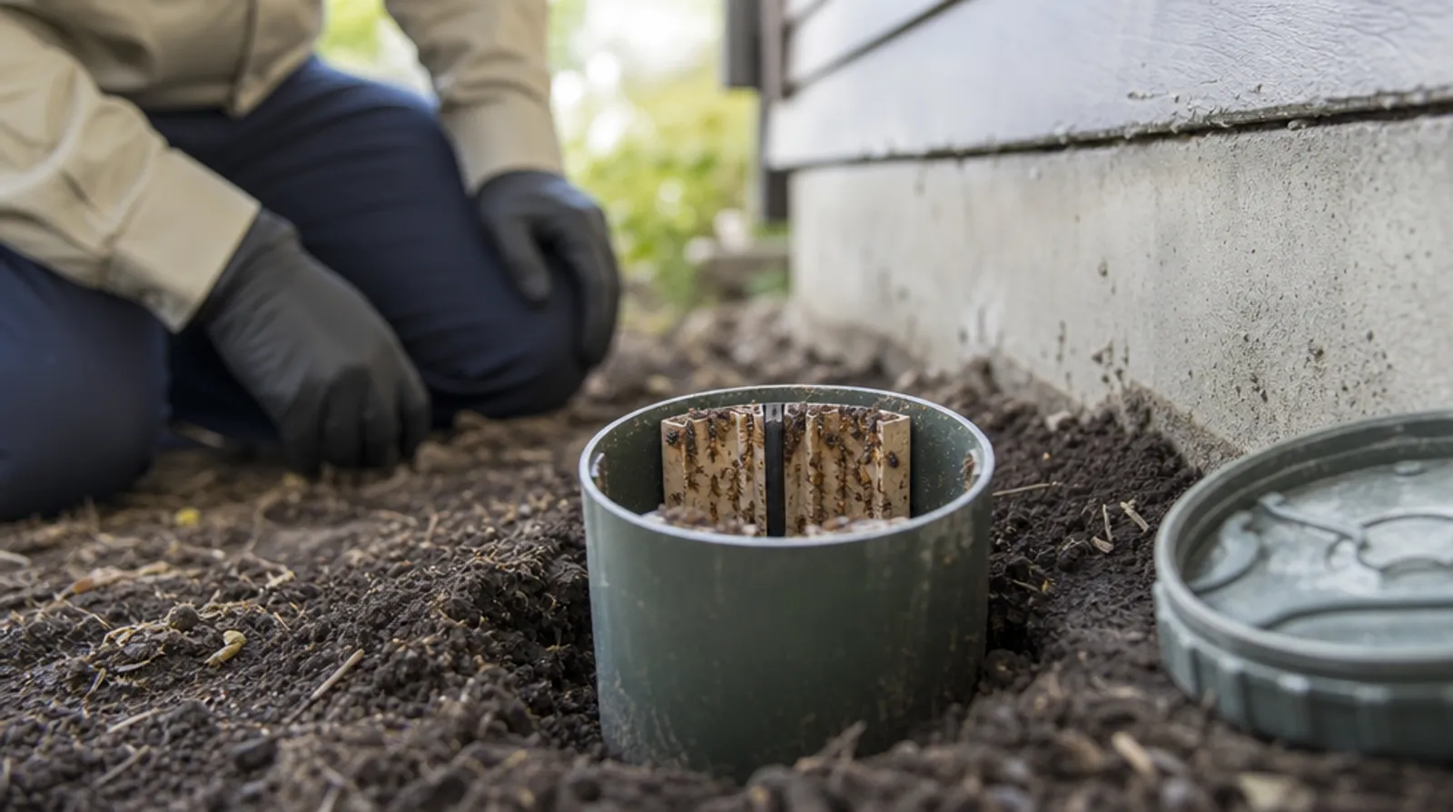 An open in-ground termite bait station with wood interceptors beside a foundation