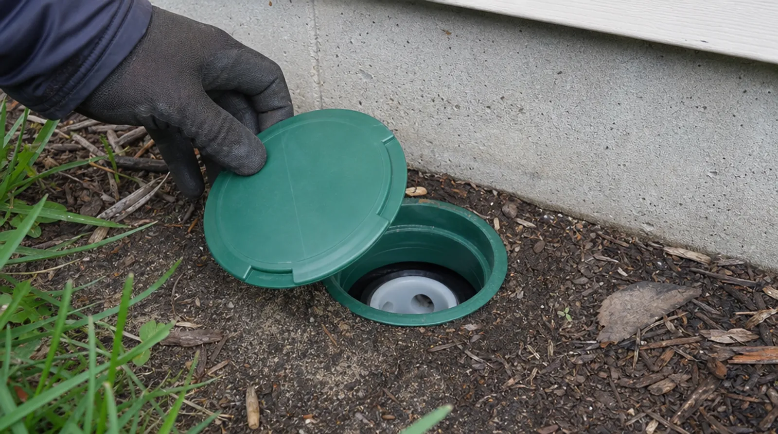 A technician lifts the cap of an in-ground termite bait station by a foundation