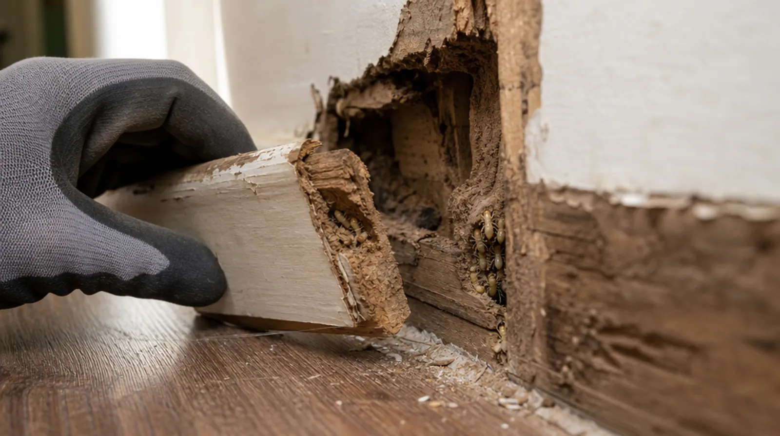 A pulled-back baseboard showing termite galleries in the wood next to a section darkened and crumbled by wood rot