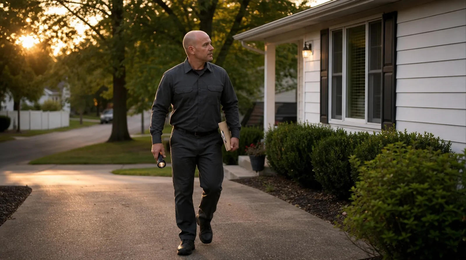 A termite inspector walks up a home's driveway carrying a clipboard and flashlight