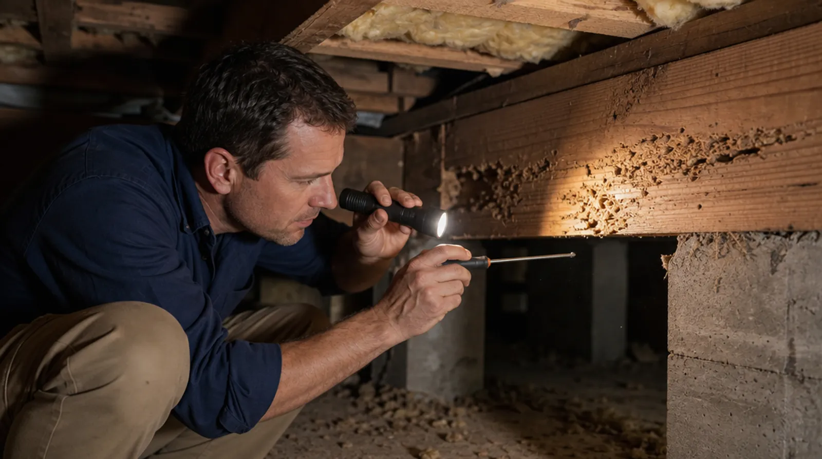 A pest control inspector checks a crawl space floor joist with a flashlight