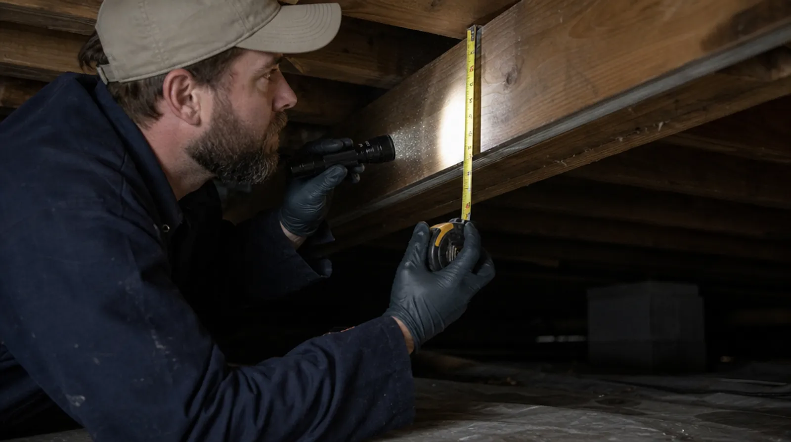 An inspector measures a floor joist in a crawl space by flashlight