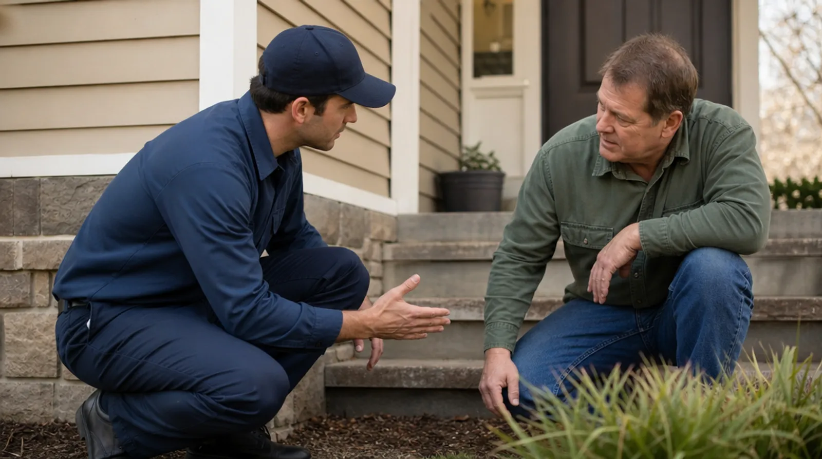 A termite inspector talks with a homeowner on the front porch of a house