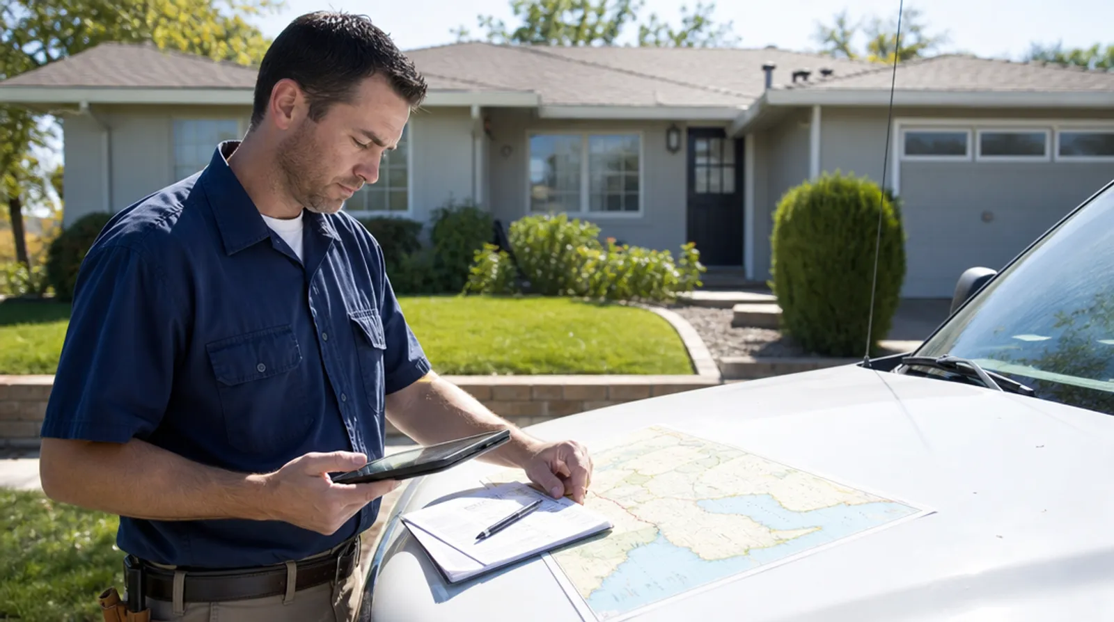 A termite inspector reviews a regional map and property notes beside a suburban home