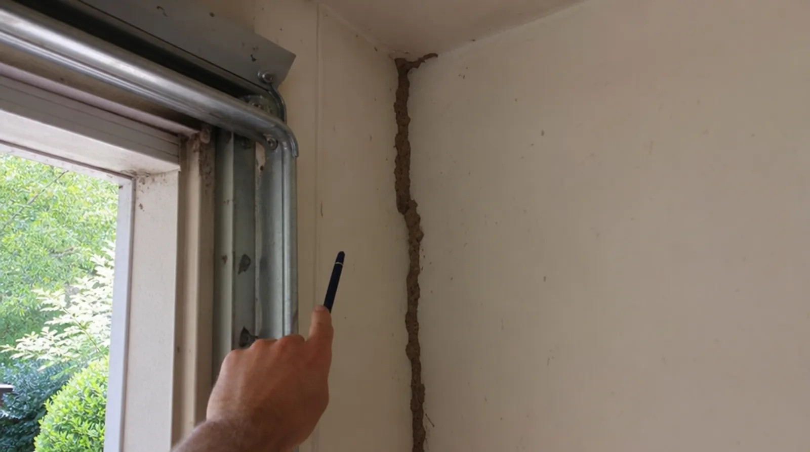 A wide mud tube built by Formosan termites climbs a garage wall
