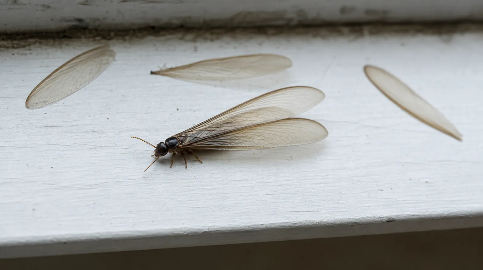 Close-up of a winged termite swarmer with two pairs of equal translucent wings on a wood surface