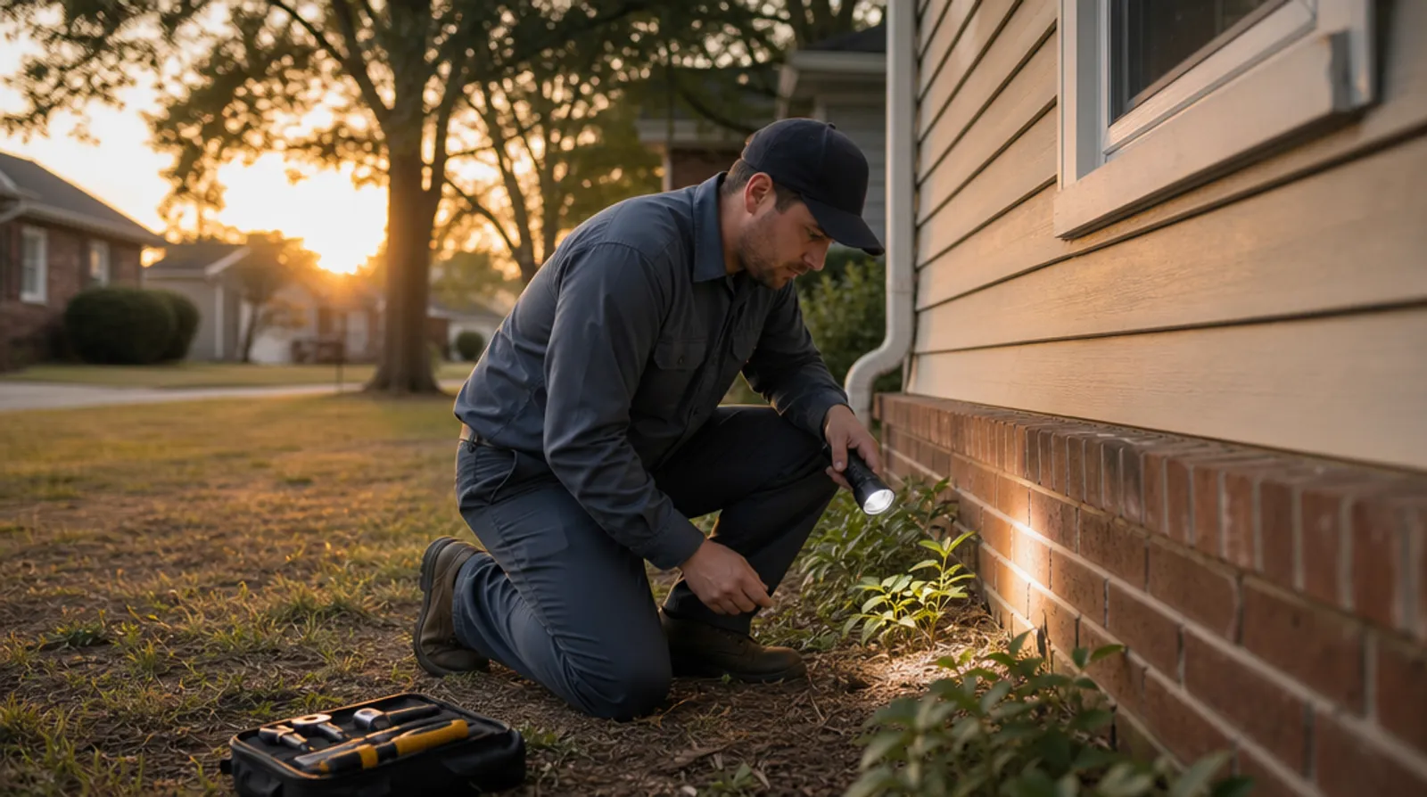 A pest control technician kneels by a home's brick foundation, checking it with a flashlight