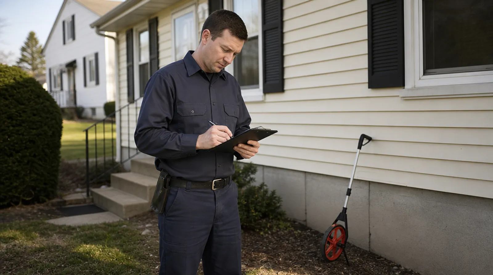 A technician writes up a termite treatment estimate in front of a suburban home