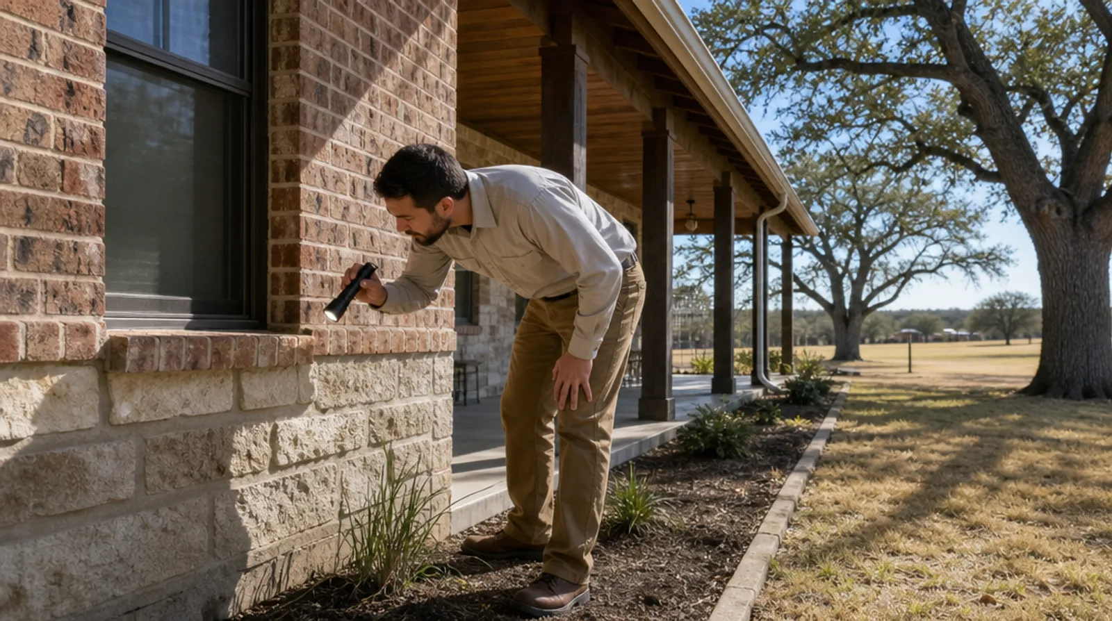 A technician checks the foundation of a Texas brick ranch house